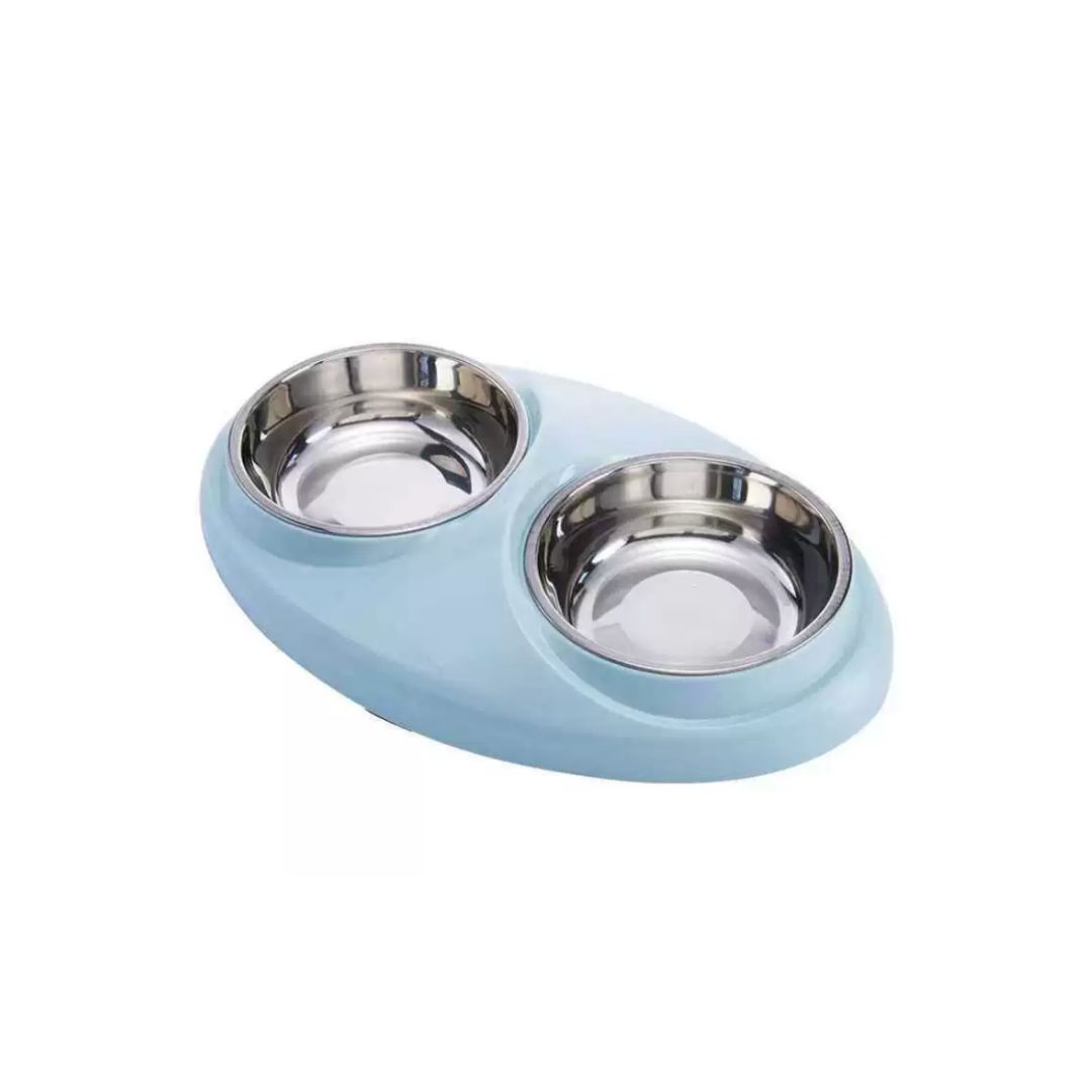 Ptc Cat Twin Bowl Blue With Stainless Steel Insert 35.5x22.5x5cm