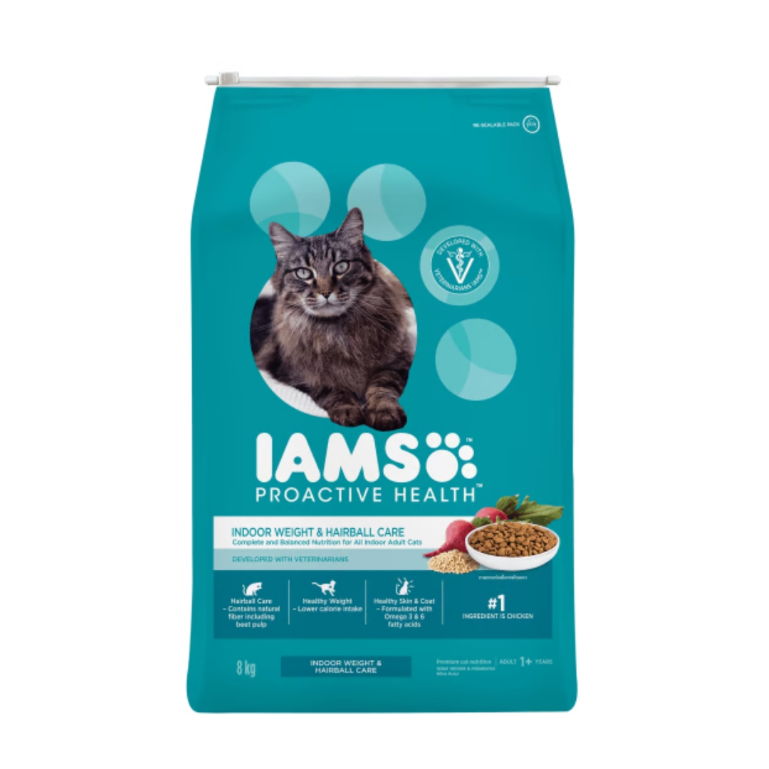 Iams Cat 8kg Adult Indoor Weight & Hairball Care Chicken Dry Cat Food New