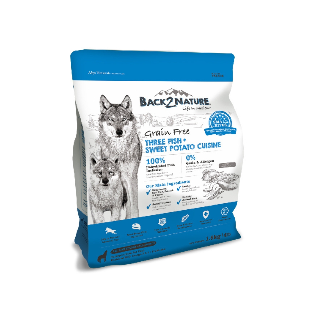 Back2nature 1.8kg Grain Free Three Fish & Sweet Potato Recipe Small Bites Dry Dog Food