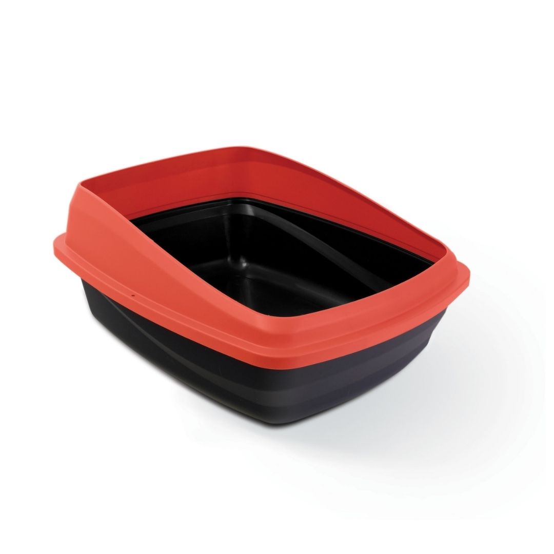 Catit Rimmed Cat Pan, Medium Charcoal Base, Red Rim (38 X 48 X 19cm)