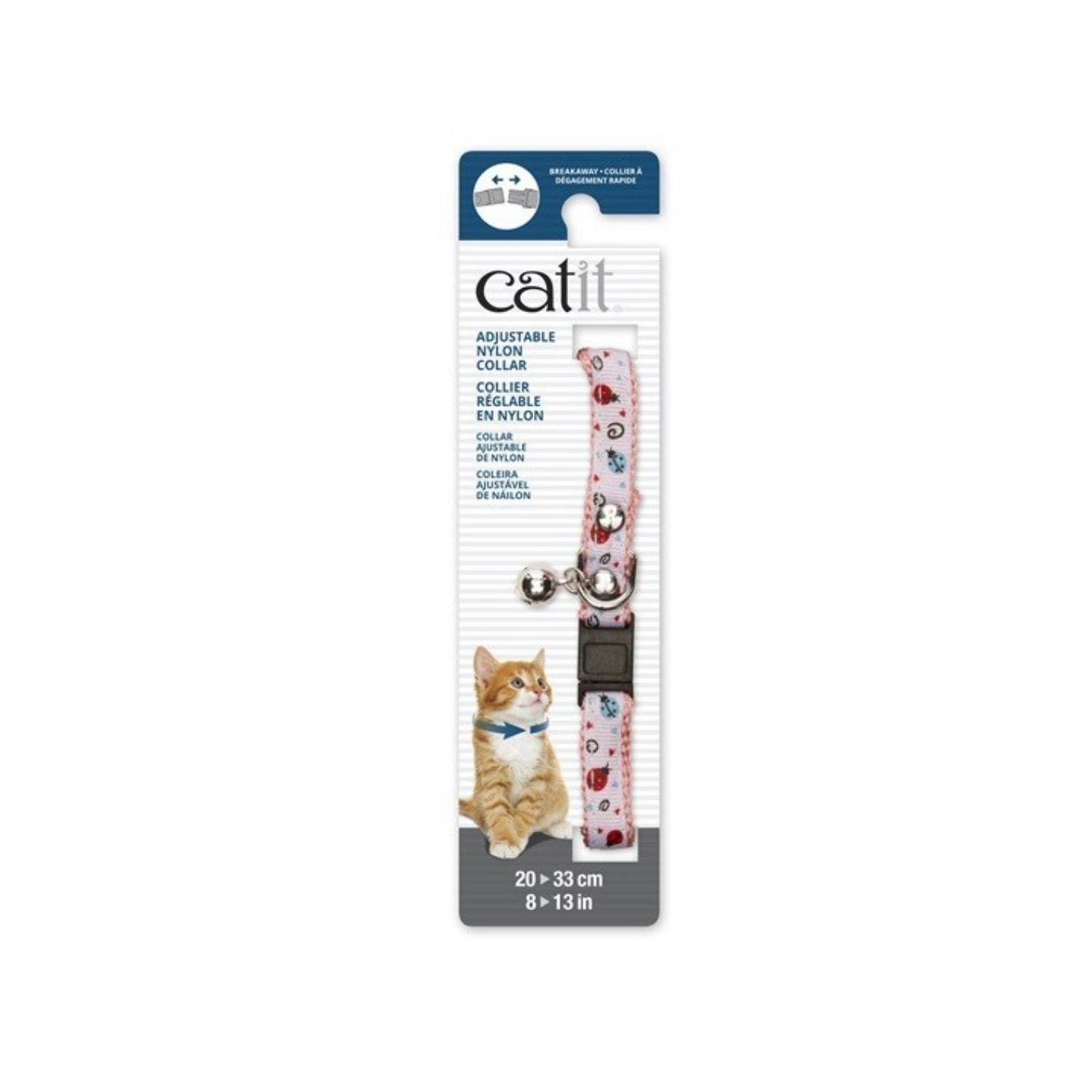 Catit Adjustable Nylon Collar With Rivets Pink & White Ladybugs 20-30cm (8-13in)