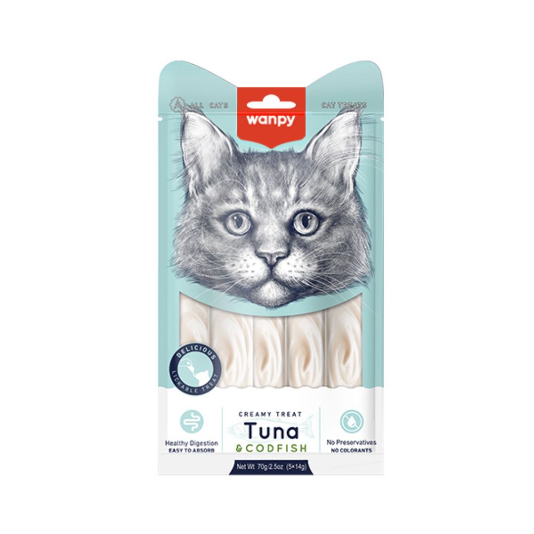 Wanpy Cat 14gx5 Creamy Lickable Treat Tuna & Codfish Cat Snack