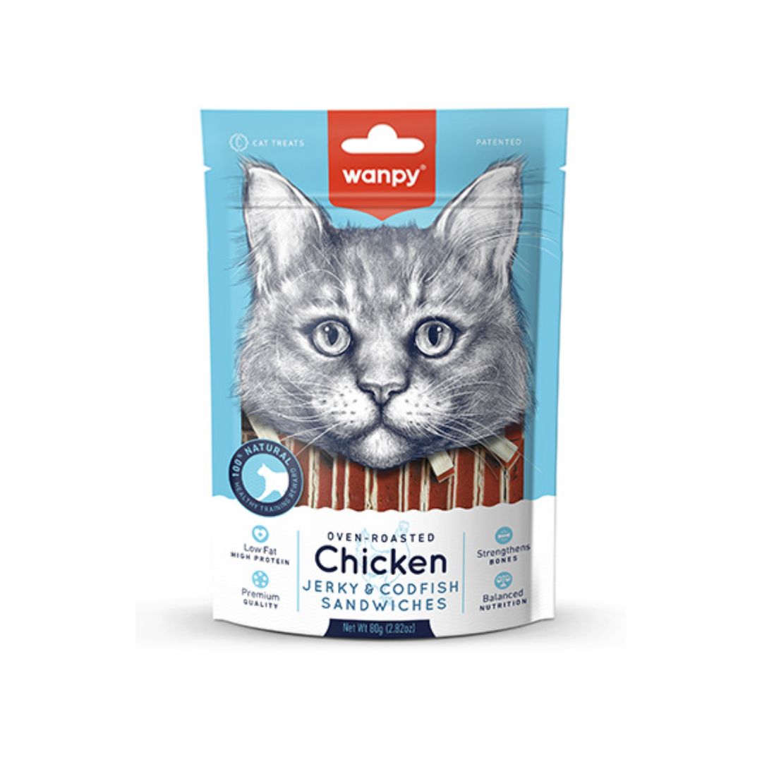 Wanpy Cat Chicken Jerky & Cod Fish Sandwich 80g Cat Snack