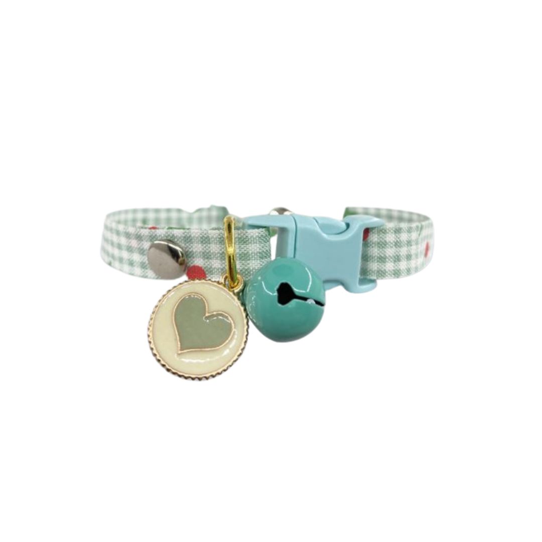 Ptc Adjustable. Cat Collar Green Grid Cherry With Heart S 20-30cm