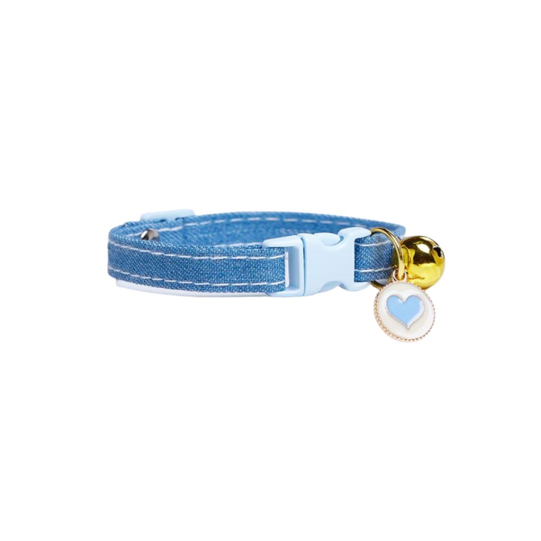 Ptc Adjustable Cat Collar Light Denim Double Lines With Heart Xs 15-20cm