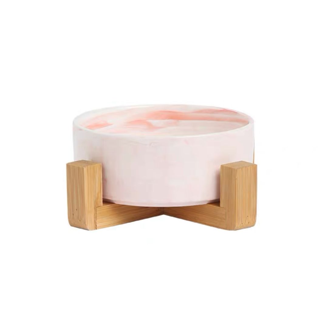 Ptc Marble Ceramic Bowl With Wooden Stand Medium 850ml Pink