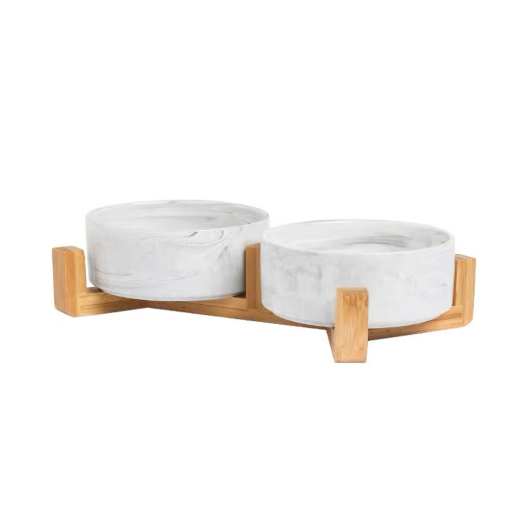 Ptc Marble Double Ceramic Bowl With Wooden Stand Medium 850ml Grey