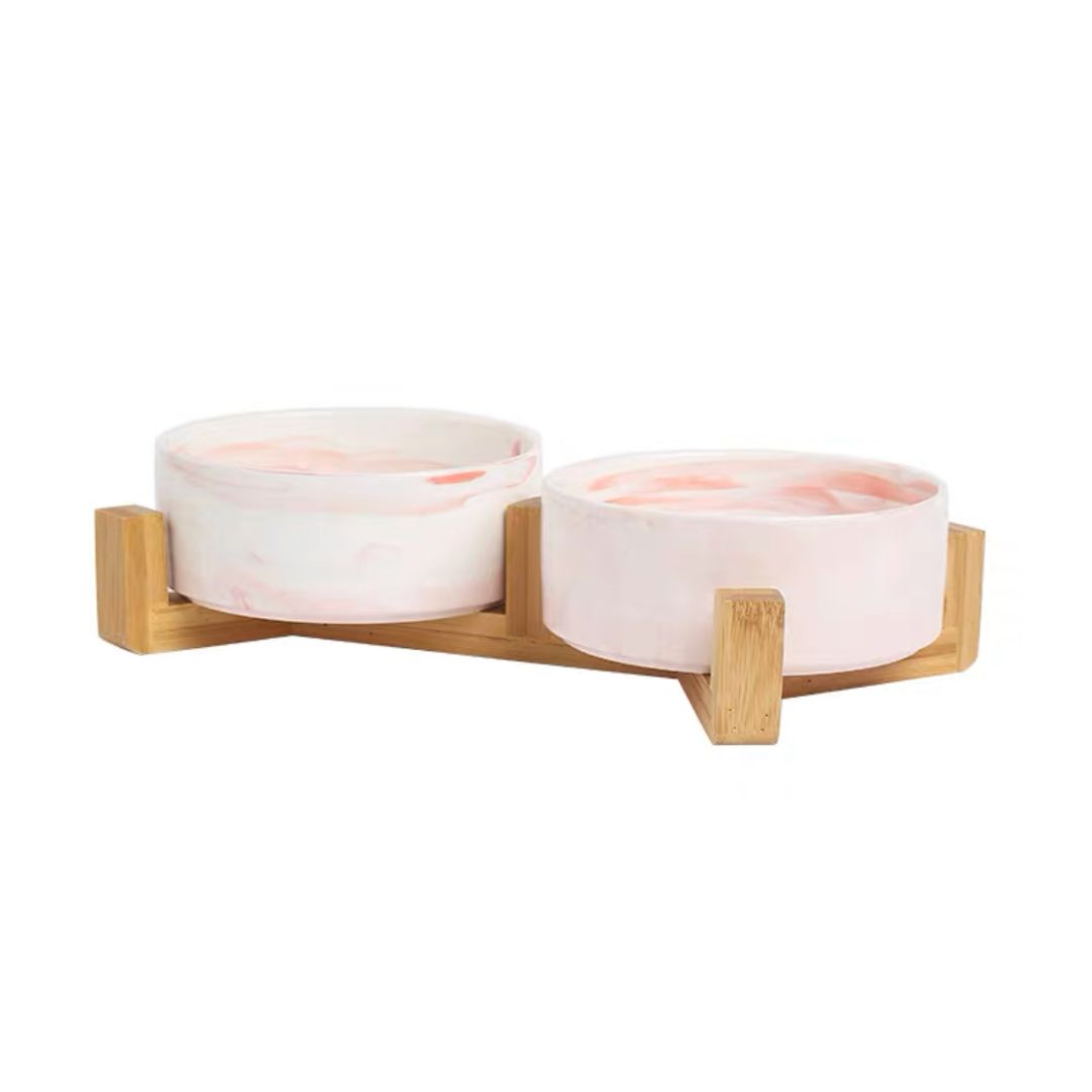 Ptc Marble Double Ceramic Bowl With Wooden Stand Medium 850ml Pink