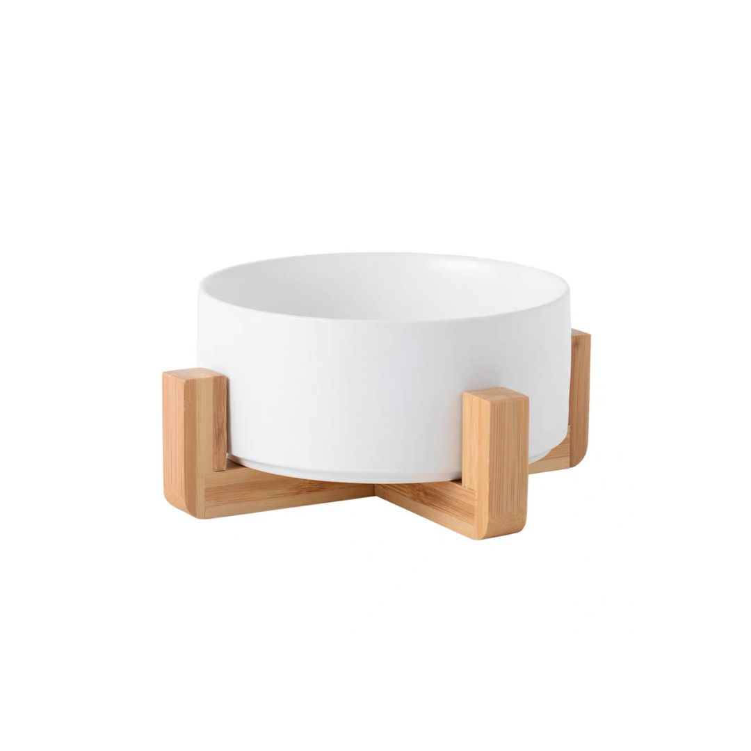 Ptc Matte Ceramic Bowl With Woden Stand 850ml White