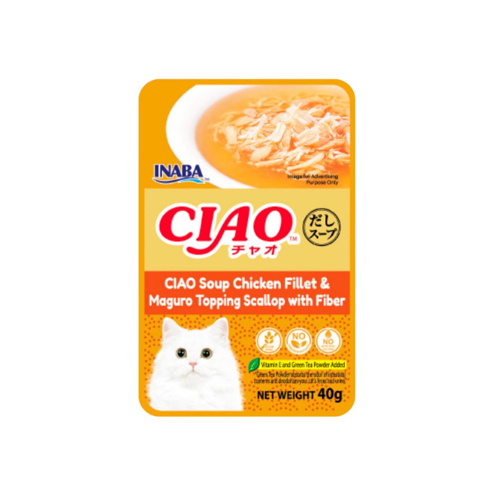 Ciao Pouch Soup 40g Chicken Fillet & Maguro Topping Scallop With Fiber Wet Cat Food